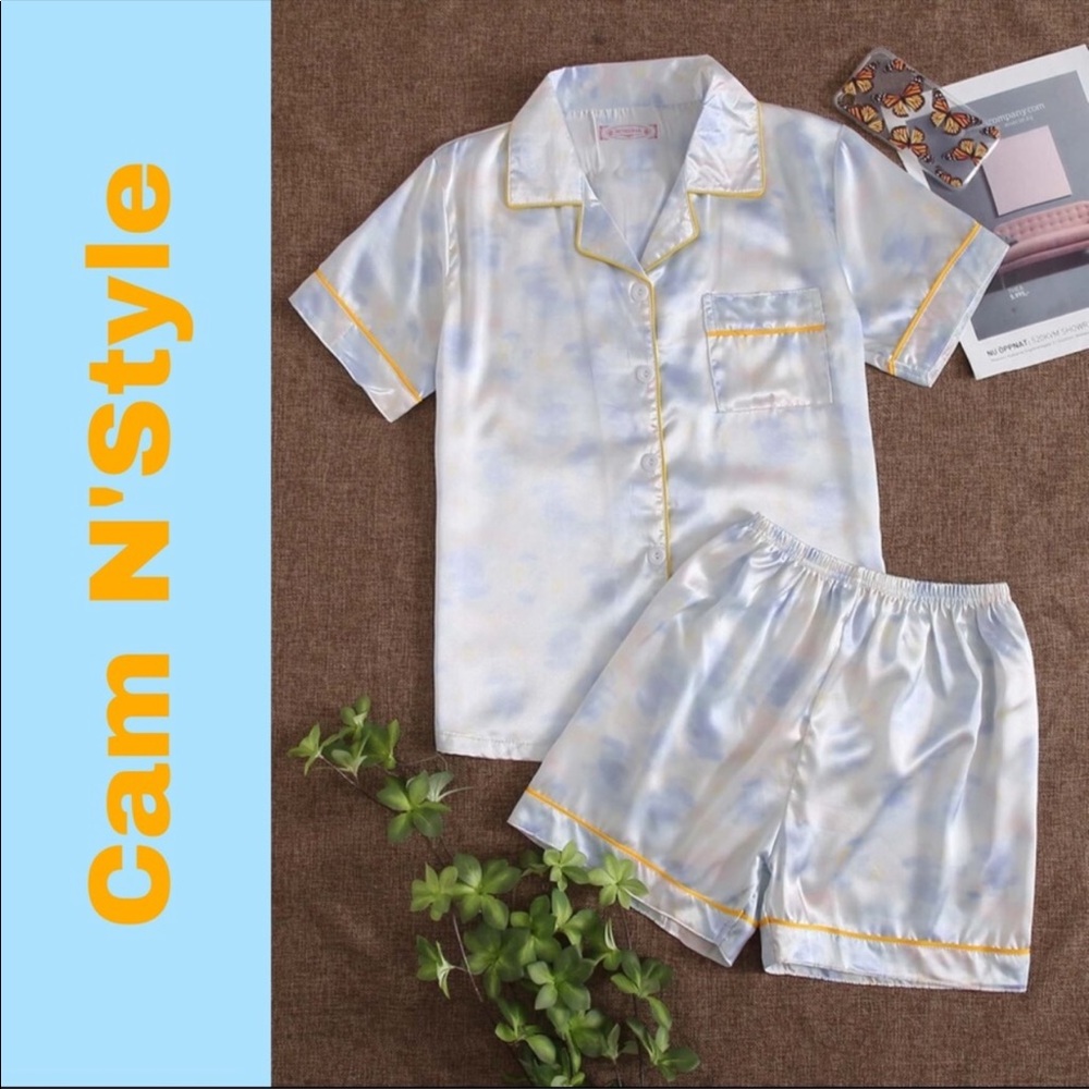 New Blue Tie Dye Satin Silk-Like Pajama Set